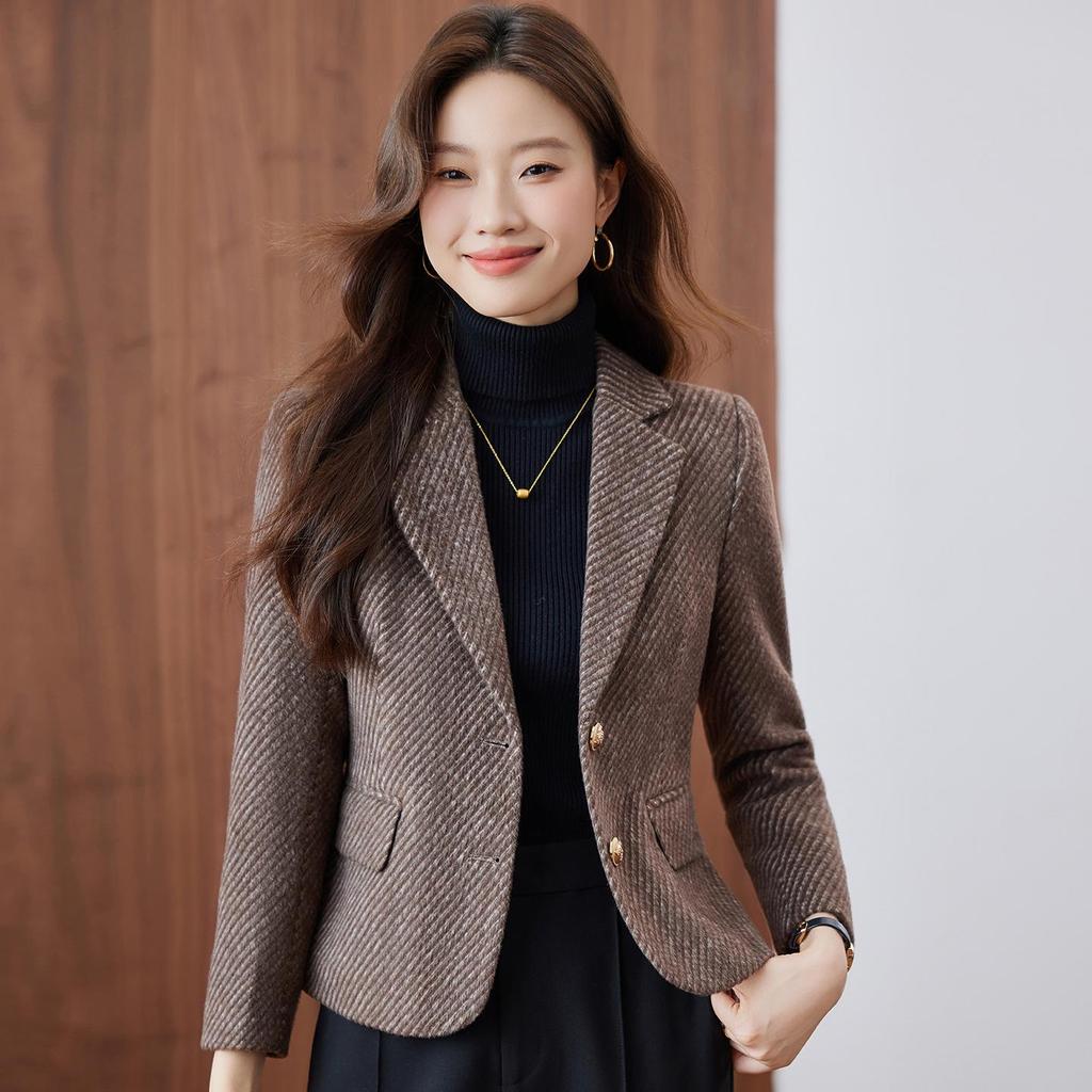 Women's Khaki Striped Wool-Blend Blazer - Slim Fit, Autumn/Winter 2025