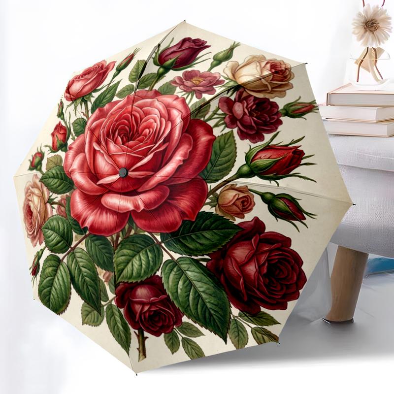 1pc Sturdy 8-Bone Auto Umbrella, Mixed Rose Bouquet Umbrella, Digital Printed, Foldable Umbrella for On-the-Go Outdoor Use