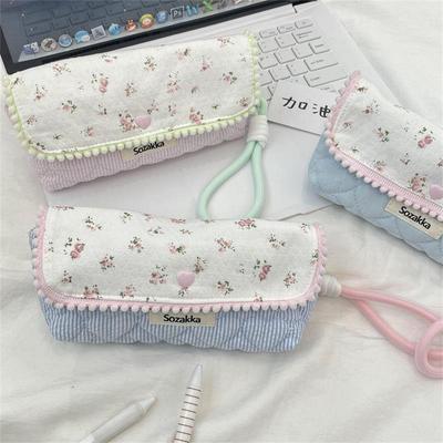 Sweet Floral Pencil Case With Lanyard Handbag Girly Cosmetic Bag Large Capacity Portable Storage Bag Student Stationery Bag Gift