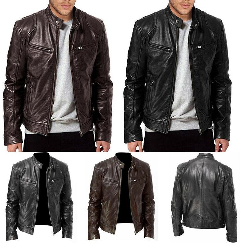 Classic Men's Faux Leather Jacket With Stand Collar For A Sleek Motorcycle Biker Look