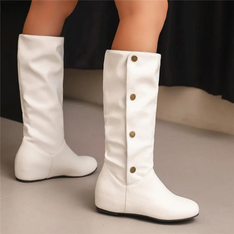 Women Boots 2025 Winter New Fashion Casual Mid Calf Boots Round Toe Buckle Plus Size 34-50 Lady Shoes Rivet Metal Decoration