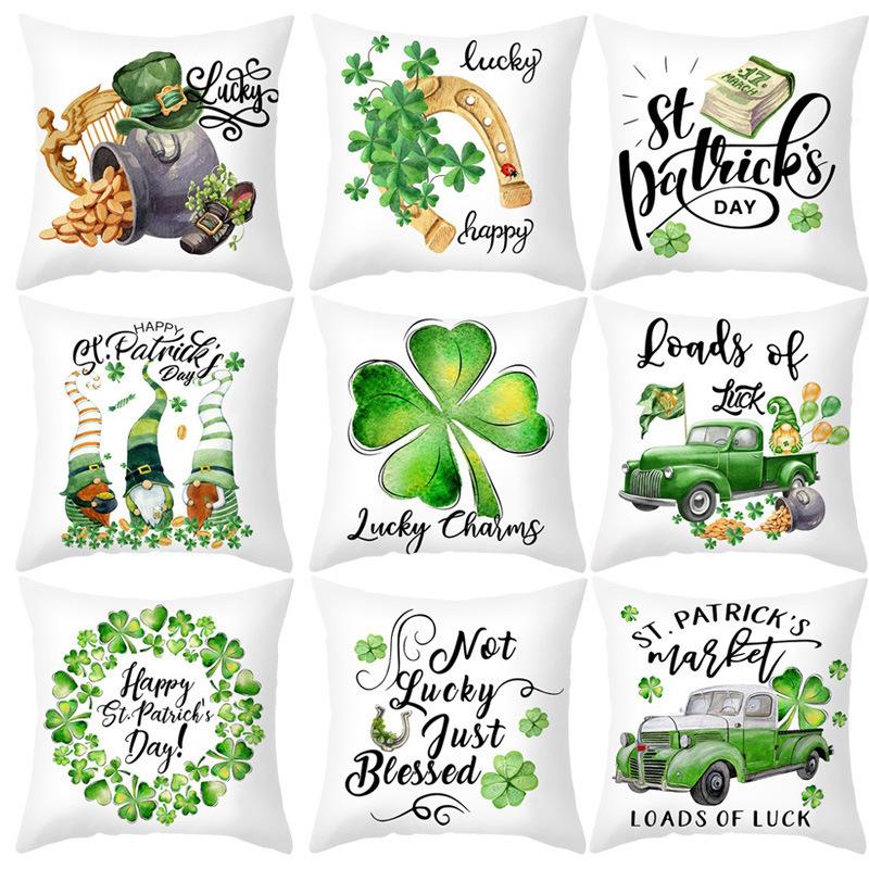 St. Patrick's Day Pillow Case Green Four-leaf Clover National Day Peach Skin Print Pillow Gift