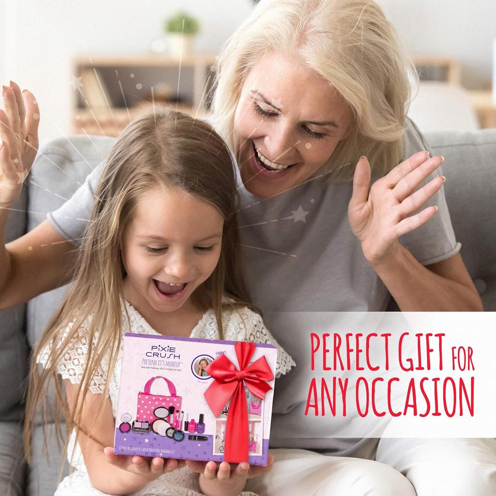 Pretend Play Fake Makeup Set for Little Girl Princess Kids Makeup Kit for Toddlers Girls Beauty with Polka Dot Handbag Set