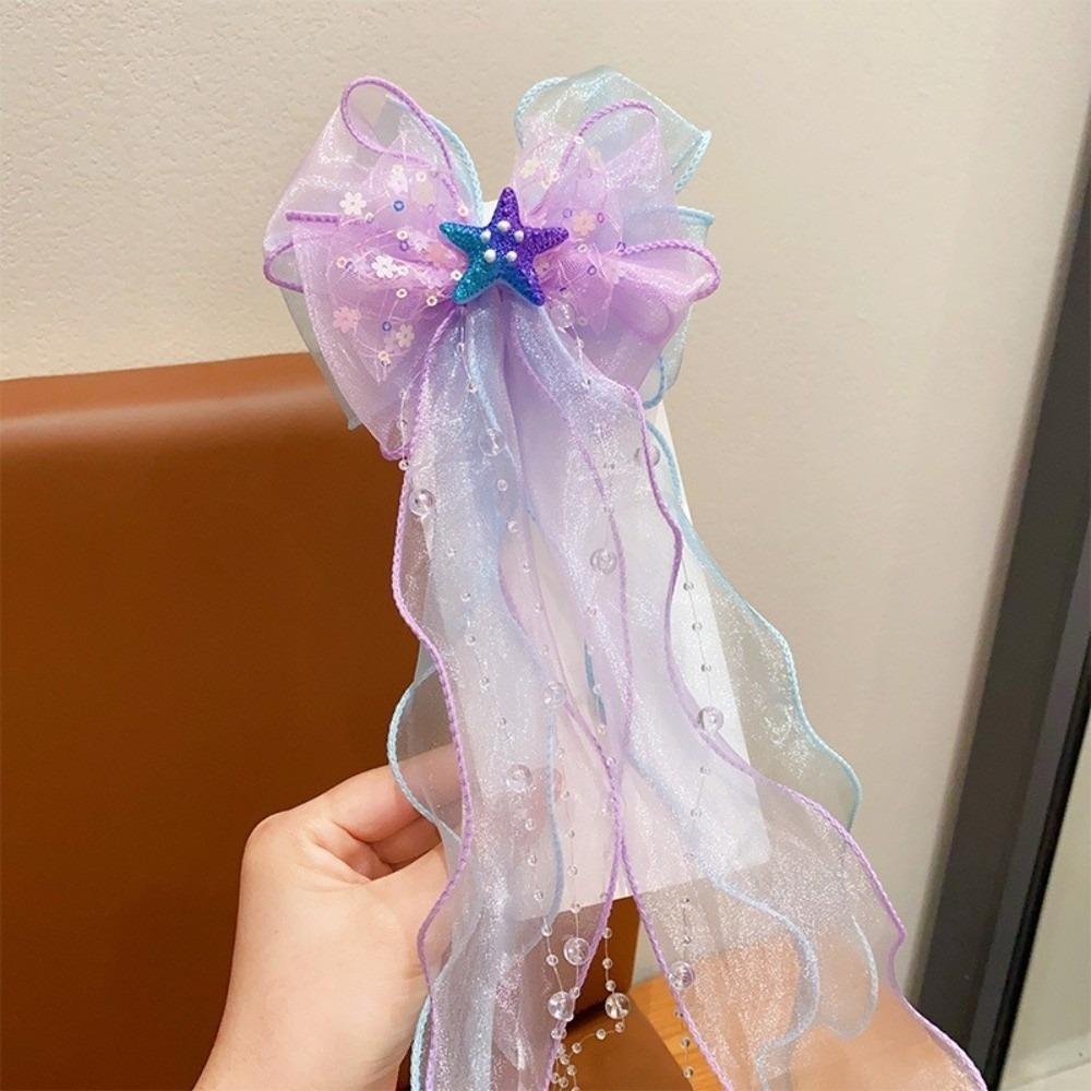 Starfish Organza Ribbon Hair Barrette Sweet Hairpin Cute Mermaid Bow Hair Clip Cosplay Style A
