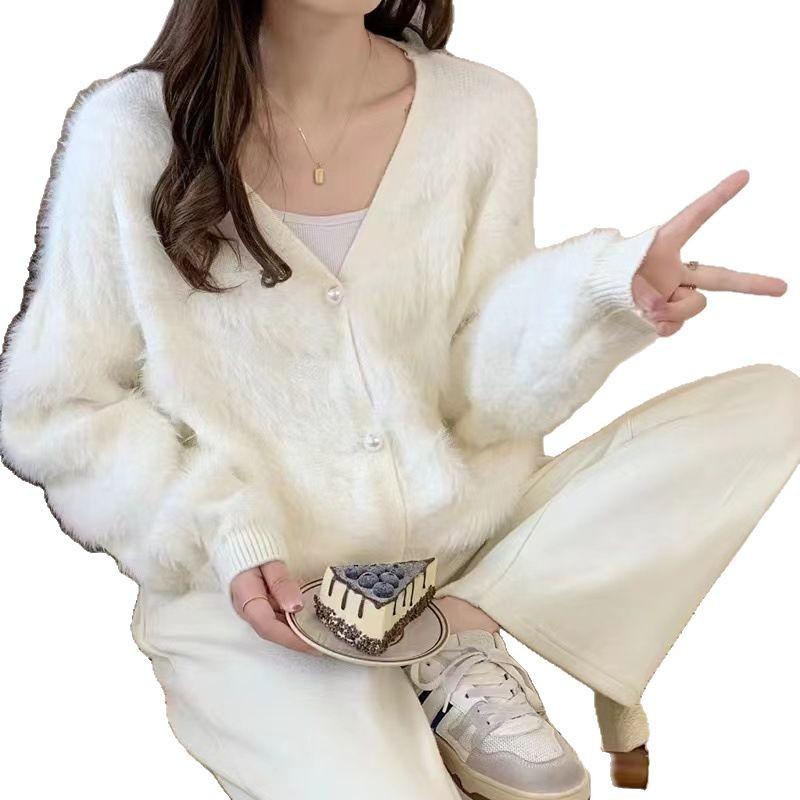 V-neck imitation mink fleece sweater women's autumn and winter new soft waxy top thickened loose lazy wind knitted cardigan jacket