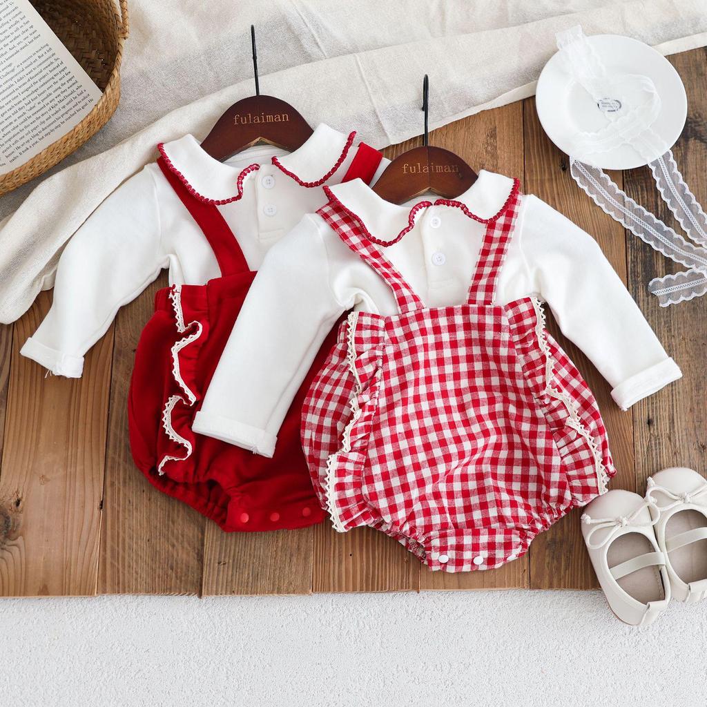 2025 Autumn Korean Style Baby Girl Long Sleeve Outfit - 1 Year Old Full Moon Overalls Set