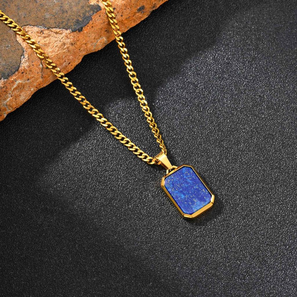 Stainless Steel Rectangle Natural Stone Pendant Necklaces, Minimalist Dainty Chain Necklace, Luxury Fashion Jewelry For Men Gift