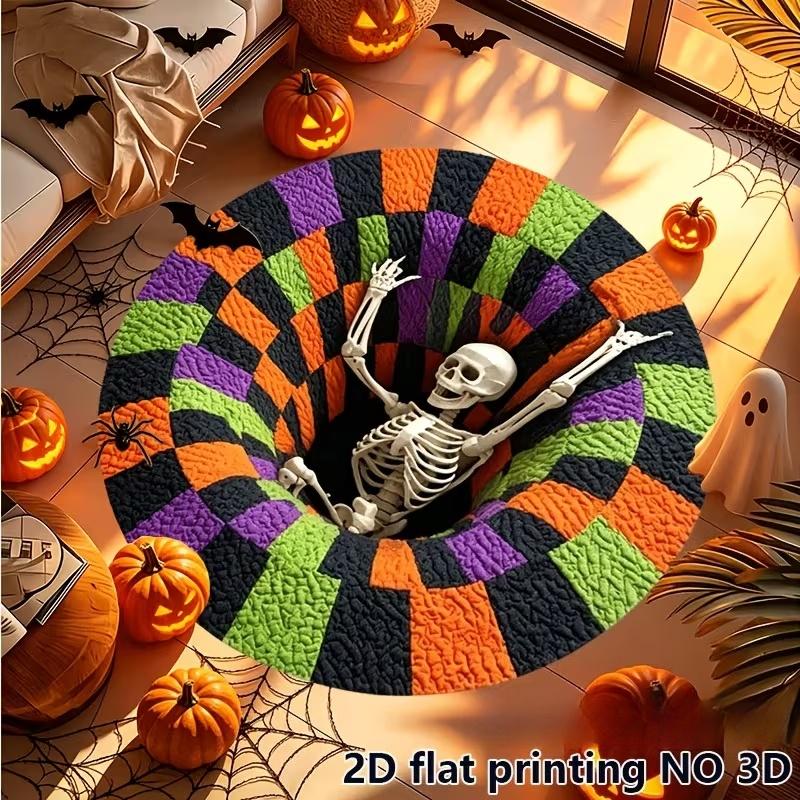 3D Illusion Skull Candle Pit Round Floor Rug,Spooky Stone‑wall Skeleton Print Circular Carpet,Horror Halloween for Living Room