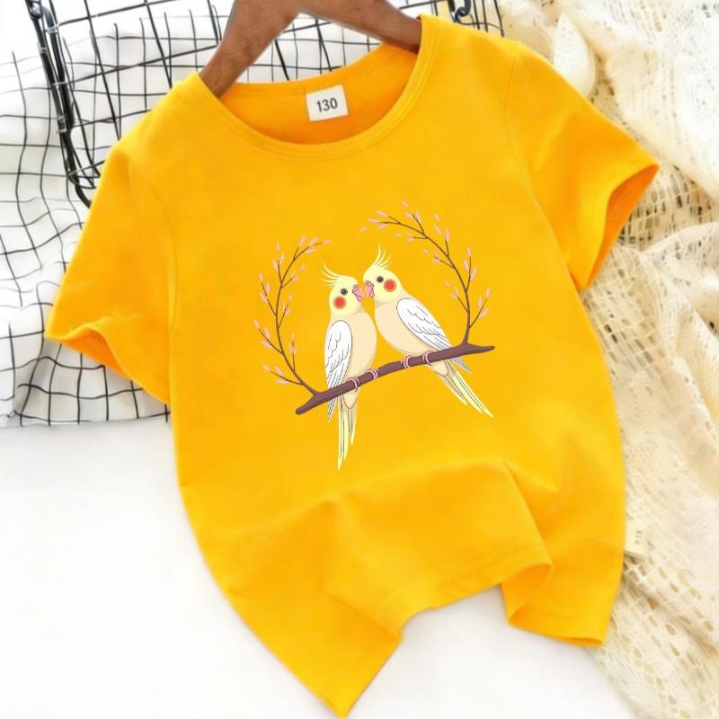 Cute Parrot Print Kids' T-Shirt for Boys and Girls, New Spring/Summer Style, Round Neck Cartoon Bird Top