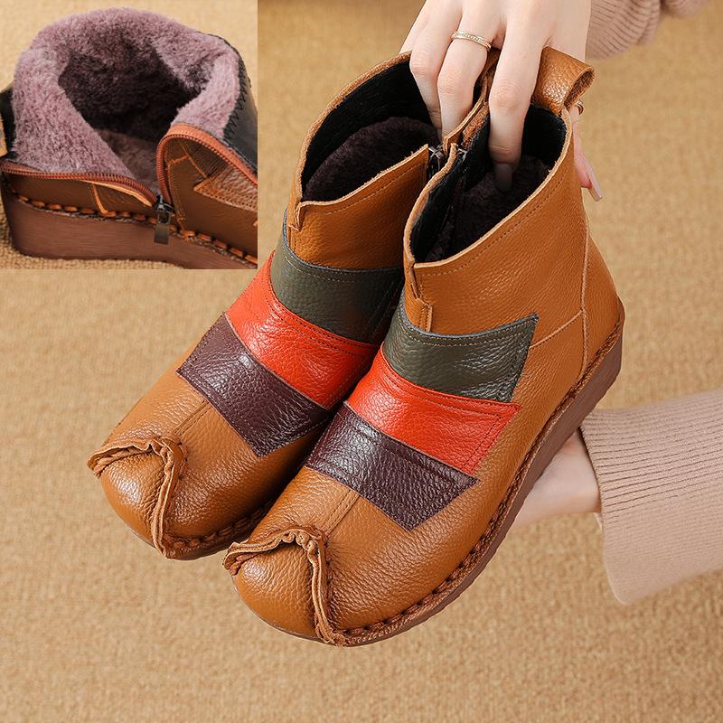 Johnature Ethnic Style Mixed Colors Genuine Leather Wedges Short Boots Warm Comfortable Women's Cotton Shoes