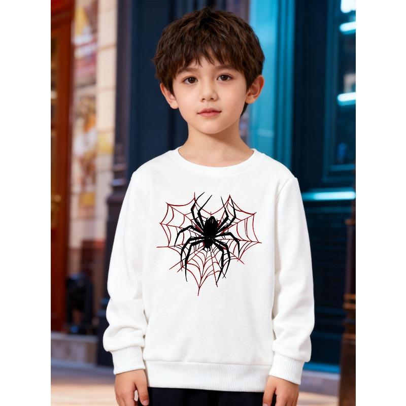 European Sizes Kids' Round-neck Long-sleeve with Cartoon Spider Print, Suitable for Daily Casual Wear and Outdoor Activities