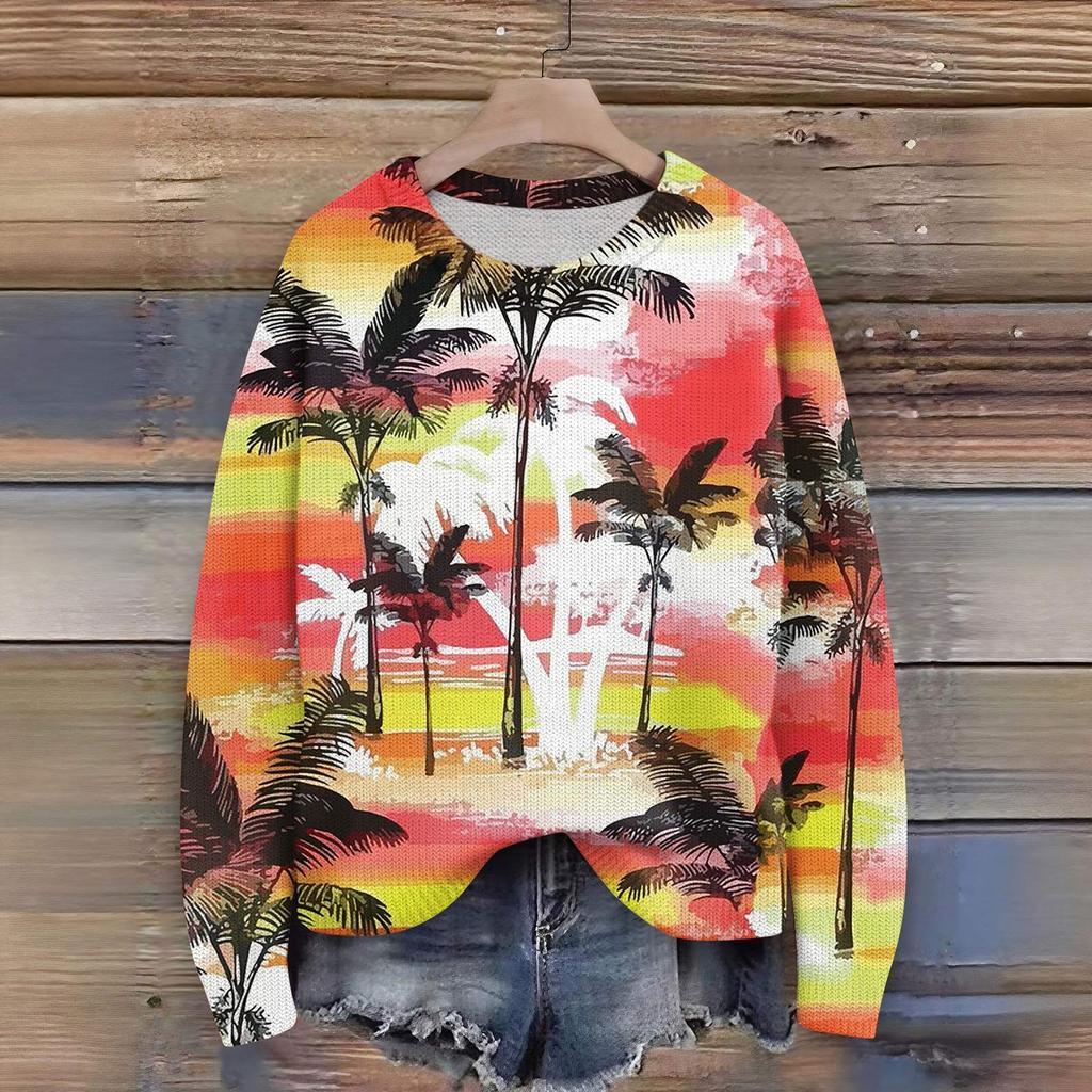 Long Sleeve Pullover Sweaters For Women O Neck Casual Cute Printing Knit Oversized Sweater