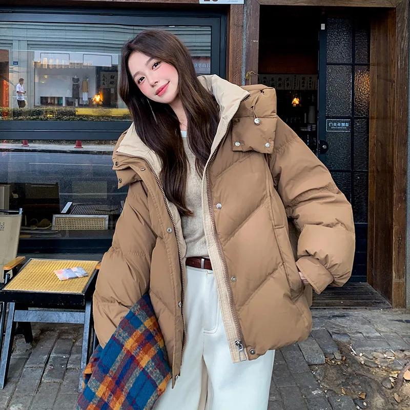 Daunenjacken mit Kapuze Damen Wintermäntel Koreanischer Stil Studenten Locker Lässig Kurz Dick Warm Gesteppter Mantel Damenbekleidung