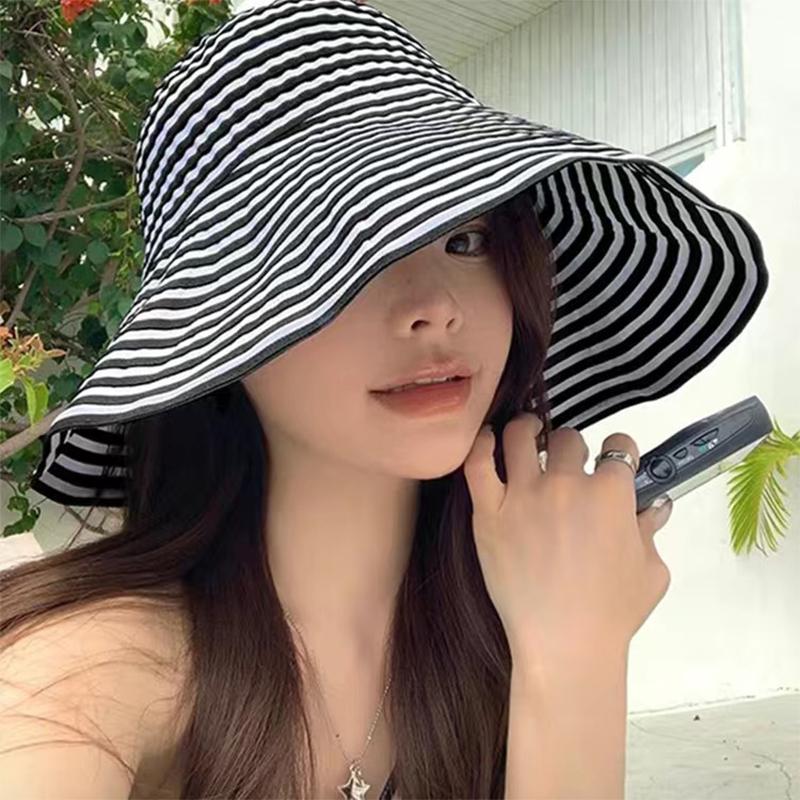2026 Summer Versatile Foldable Color-Blocked Striped Wide-Brimmed Sun Hat For Beach Vacations And Sun Protection