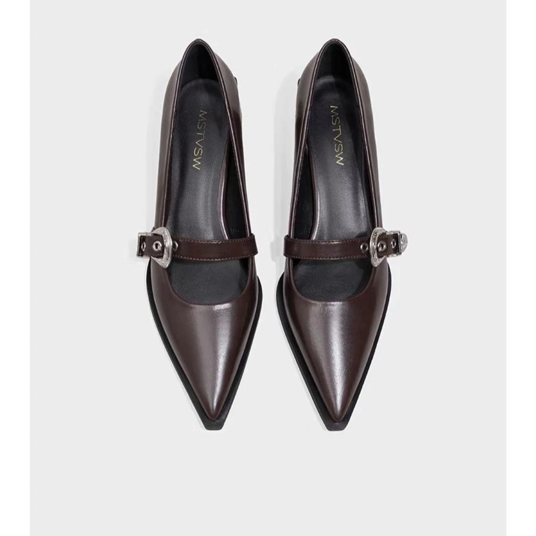 French New Product White Belt Buckle Thick Heel Pointed Shoes Black Brown 35