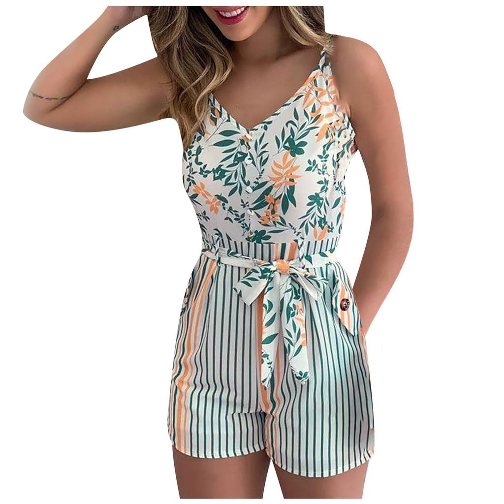 Fashion Women Casual Loose Print Sleeveless Camisole V-Collar Jumpsuit