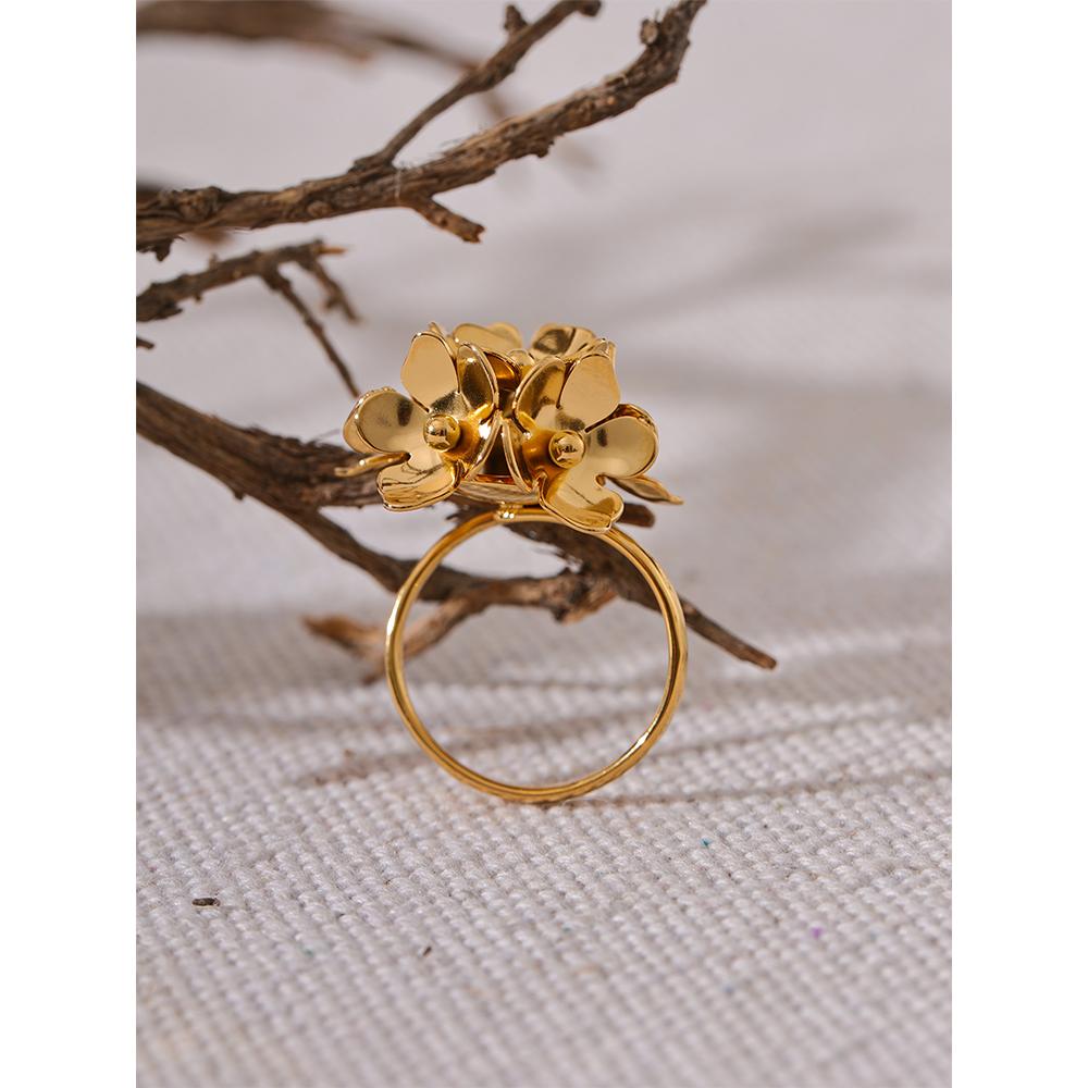 Yhpup Fashion Stainless Steel Stereoscopic Flower Metal Chic Adjustable Ring Women Charm Golden Rust Proof Daily Jewelry Bijoux
