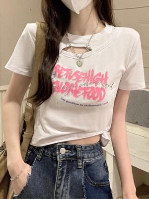 O-Neck Print Tshirt Women Hollow Out Short Sleeve Tee Casual Tank Tops Crop Top Ladies Summer T Shirt Y2k Streetwear