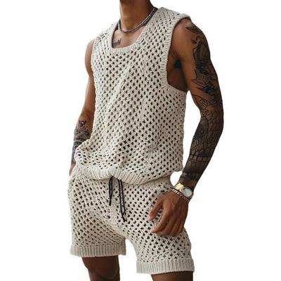 Ärmlös stickad topp med väst och shorts för män, avslappnad, med dragsko, för daglig användning, elastisk midja, vida ben för män