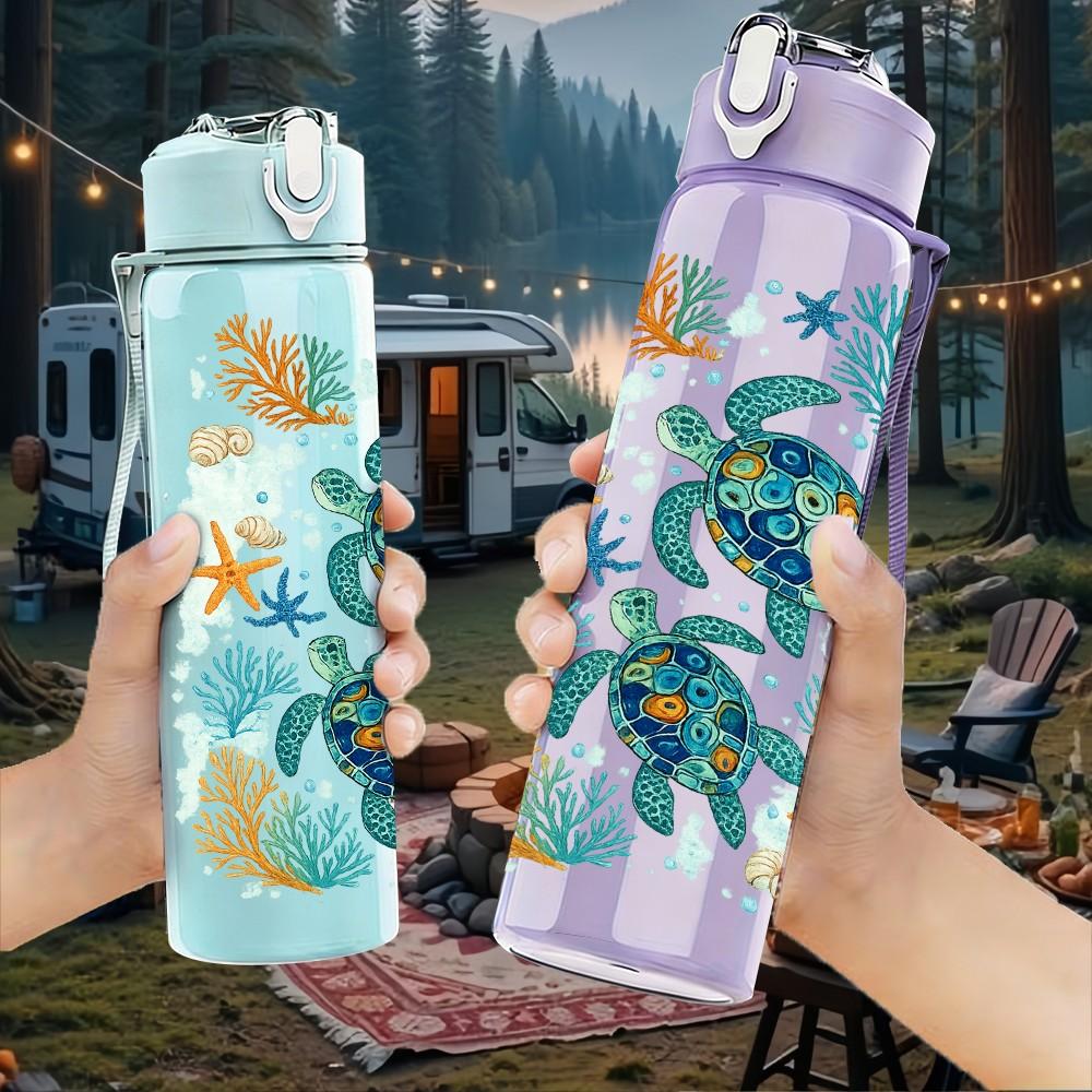 1PC Sea Turtle Underwater Ocean Pattern Print 750ml Color Plastic Sports Water Bottle Leakproof Flip Straw Lid Suitable for Sports Office Home Use