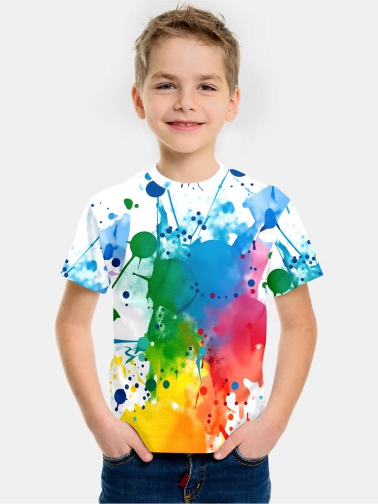 Pigment Pattern T-Shirt for Kids Colorful 3D Printed T-Shirts Summer Casual Streetwear Loose Tops Round Neck Short Sleeve Tees