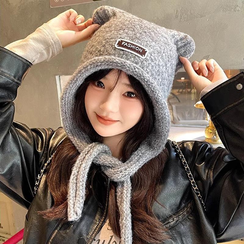 Autumn And Winter Woolen Cute Bear Ear Hat For Women Outdoor Warm Cold-Proof Sweet Knitted Hat