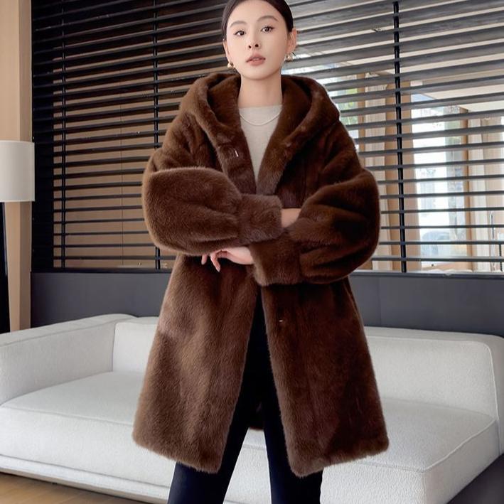 Women's Winter Fur Coat Mid-Length Thickened Eco-Friendly Hooded Fur Coat Faux Mink Fur Coat