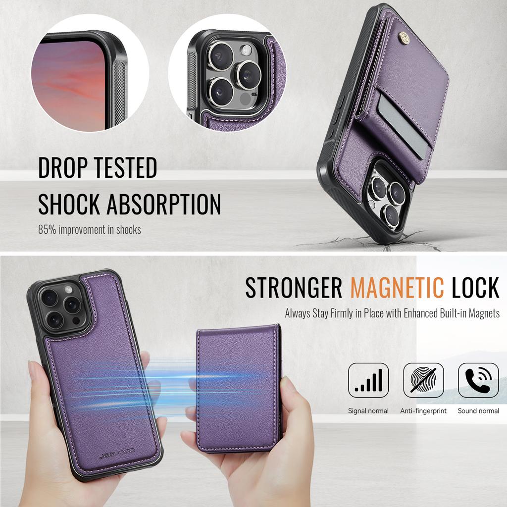 For iPhone 16 Pro Max Leather Back Cover Compatible with MagSafe JEEHOOD J06 Phone Case with Card Bag RFID Blocking