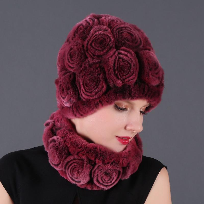 Rex Rabbit Rose Hat and Flower Scarf Set Specializing in the production of Rex Rabbit Scarf Hat Two-piece Adult Hat