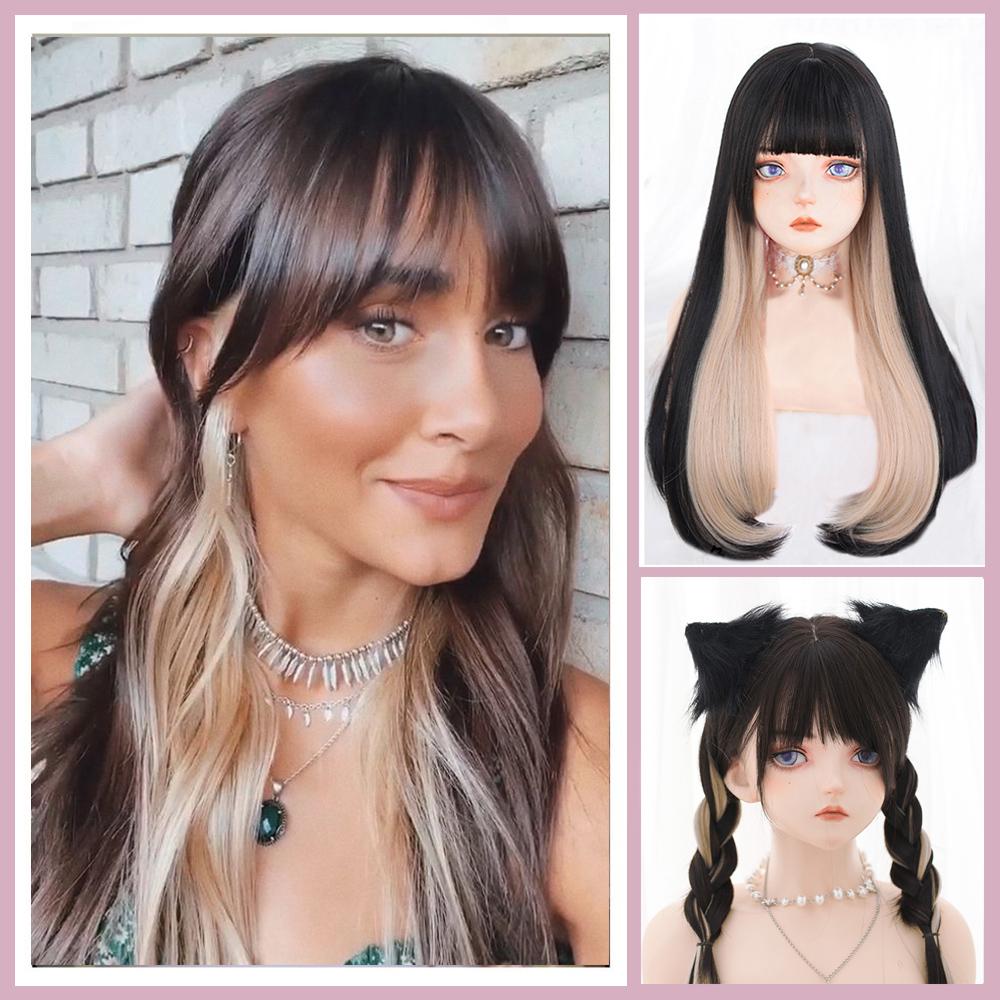 Pony-Perücke, braun, schwarz, synthetischer Farbverlauf, mehrfarbig, Colorblock-Perücke, Lolita-Perücke