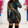 Women Plus Size Round Neck Long Sleeve Red Black Printed Bodycon Mini Dress