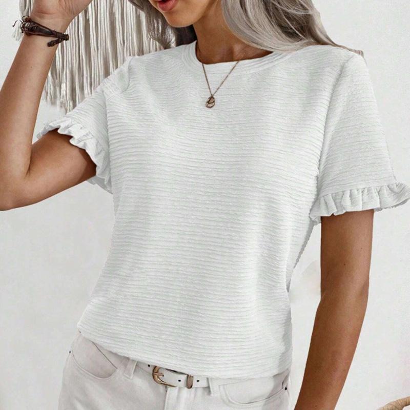 Ladies Summer Ruffles Short Sleeve O Neck Pullover T Shirt Blouse Top