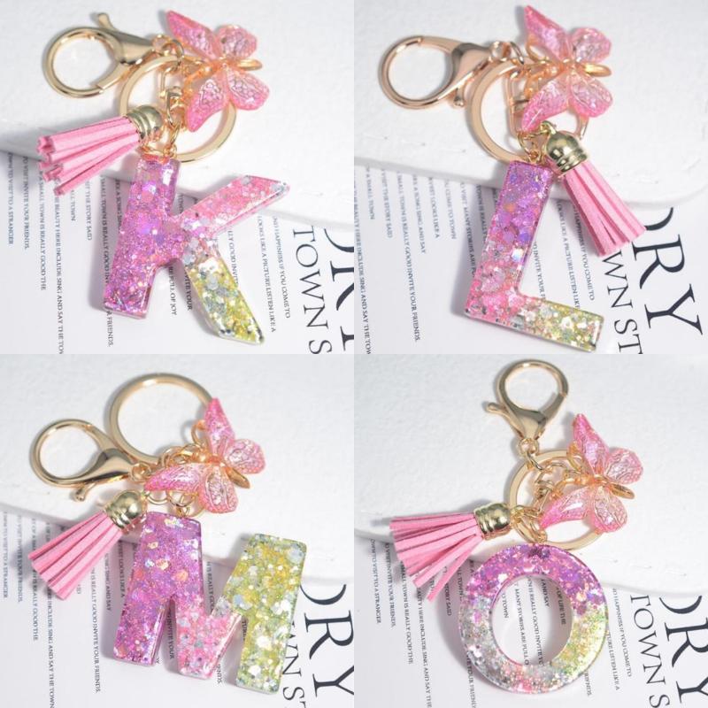 Fashion 26 English A-Z Initial Letter Resin Keychain Cute Butterfly Tassel Keyring Backpack Charm Pendent Accessories Gift