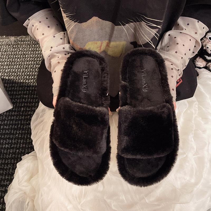 2025 autumn and winter one-word slippers home leisure plush slippers women's warm fluffy slippers women's new models