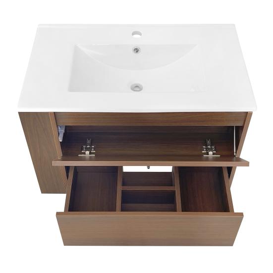 Bathroom Sink Cabinet with Drawer Modern White Wood Grain Heavy Duty Lavatory Wall Mount Ceramic Wash Basin Vanity Cabinet