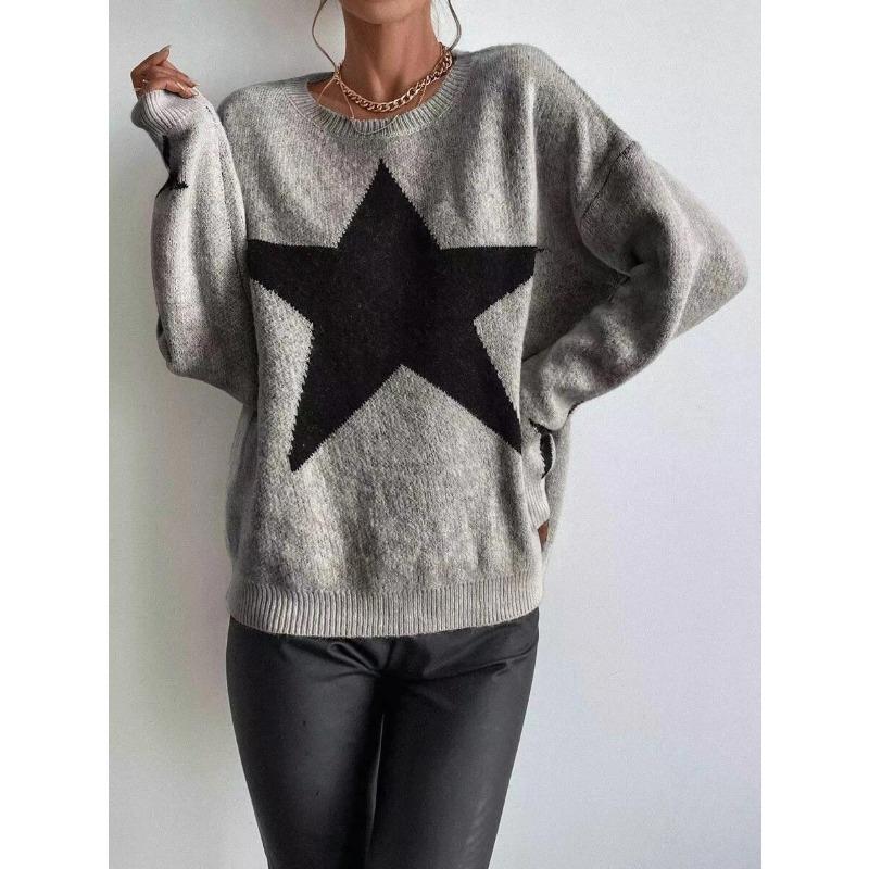 Women S Crew Neck Long Sleeve Pullover Knit Sweater Star Pattern