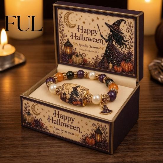 Stackable Charm Bracelet Halloween Stretch Beaded with Gift Box, Black Cat Pumpkin Ghost Spooky Theme Party Accessory Crow Witch Hat/Moon Charm,