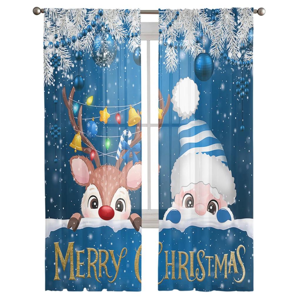 Christmas Red Santa Claus Elk Ball Lantern TCurtains For Living Room Bedroom Kitchen Decoration Window Tulle Curtain