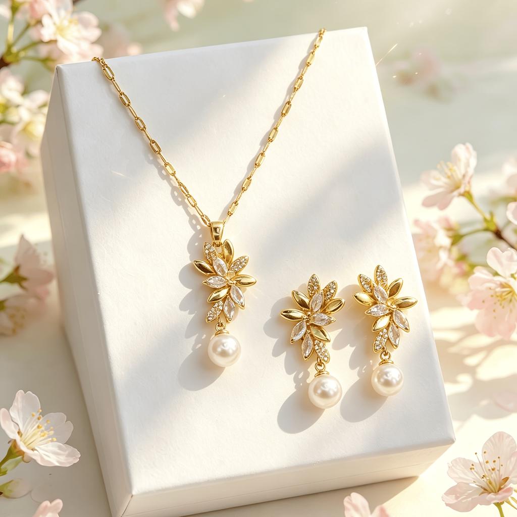 Stainless steel chain with zircon leaf pendant, women's fashion necklace and earrings, hypoallergenic and fade-resistant stainless steel jewelry,