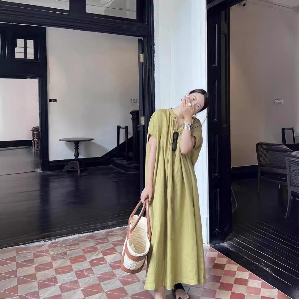 Women's French Linen Pleated Smock Dress