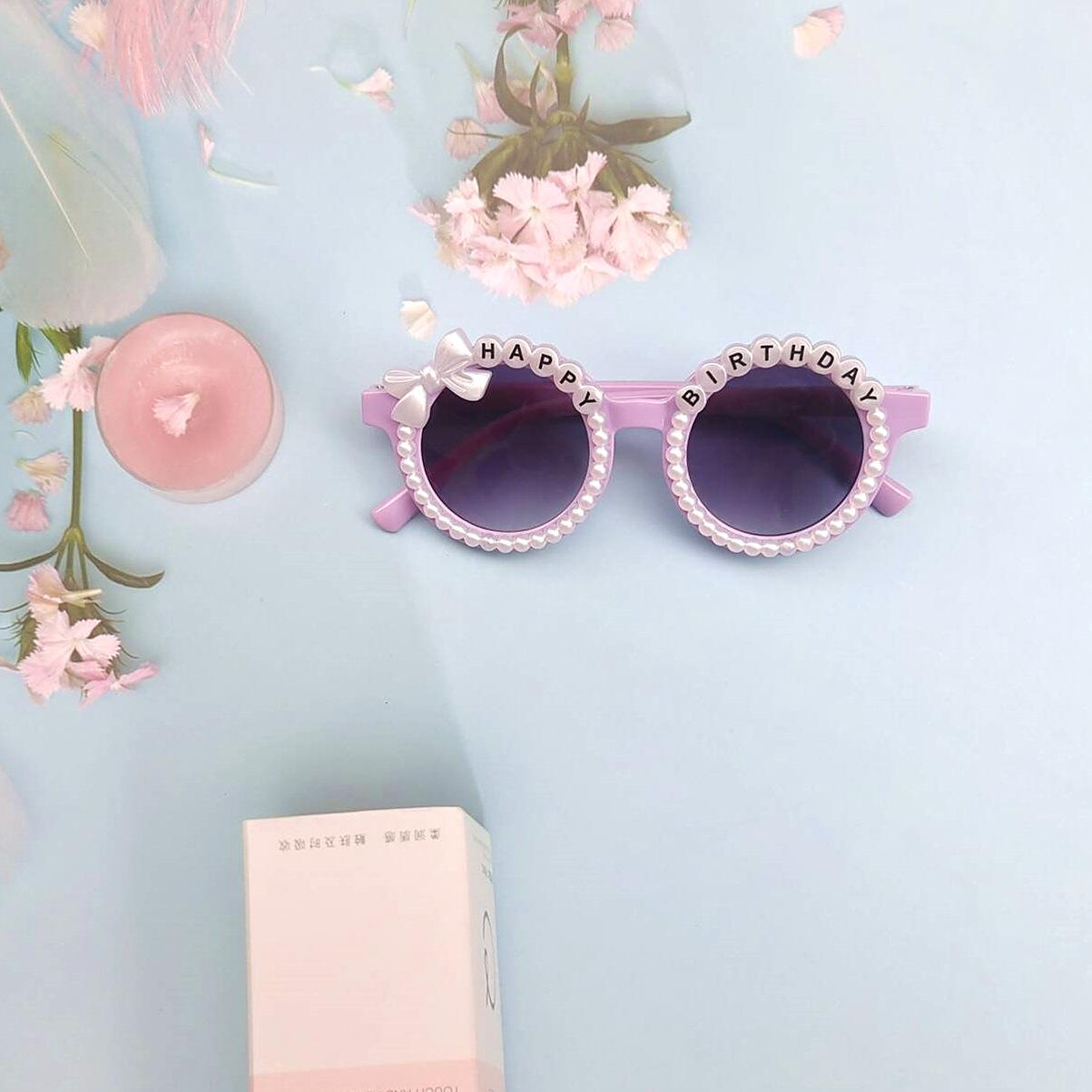 

With Letters “Happy Birthday” Children S Flower Sunglasses Pearl Decorated Uv Protection Kids Shades Birthday Party Sunglasses