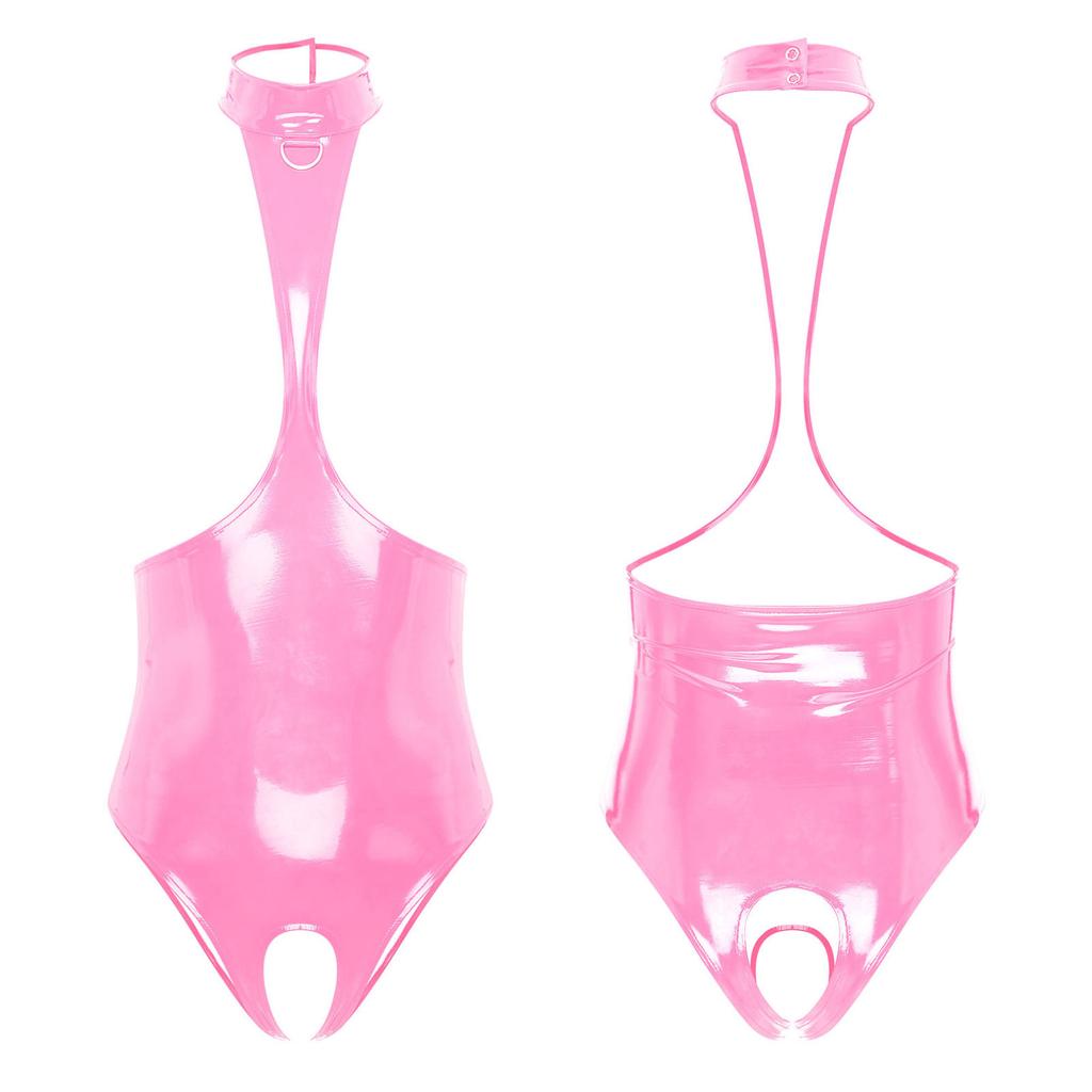 Women's Wet Look Cutout Bodysuit Sexy Lingerie Open Breast Bodysuit Nightwear Catsuit for Date Night