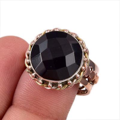 Natural Black Onyx Gemstone 925 Solid Sterling Silver Two Tone Ring Size 9 s0O05