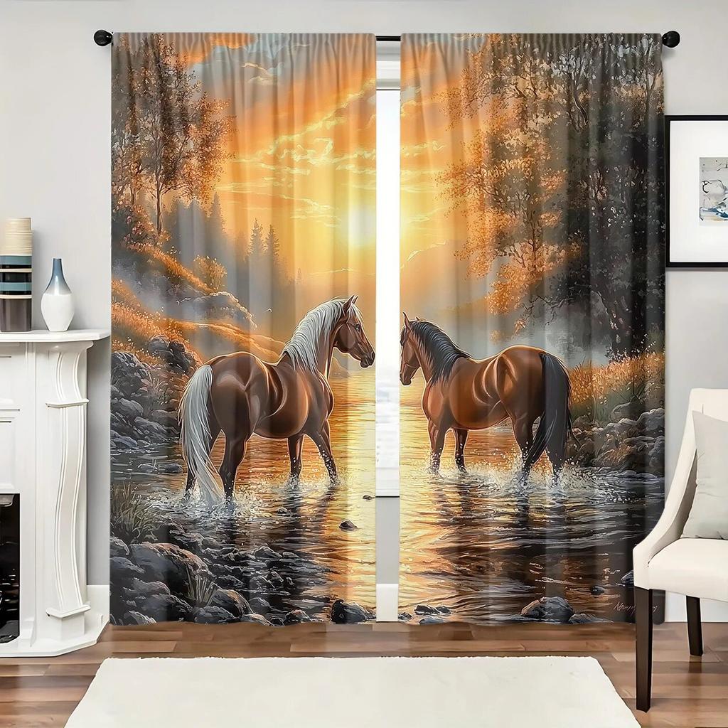 2 Pieces of Sunset Stream Horse Printed Curtains,30*65 Inches, Home Decoration, Room Decoration