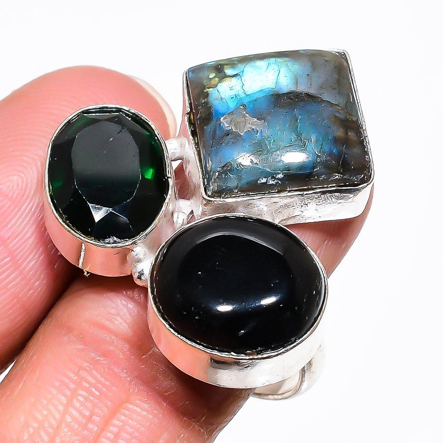 Натуральный Лабрадорит, Диопсид Кольцо из стерлингового серебра 925 пробы Размер 9 AR-16439
