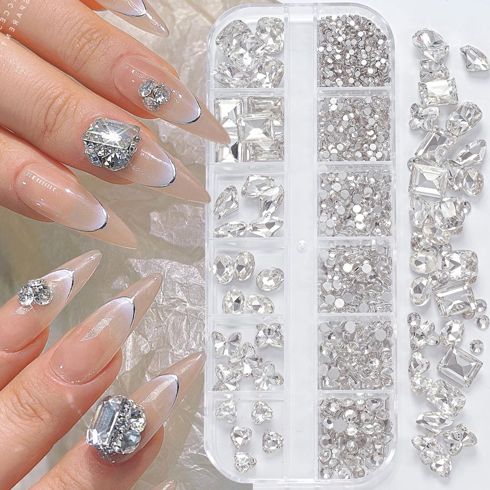 180pcs AB Flatback Glass Nail Art Rhinestones Multi-shape Mixed Diamond Gems Blue Purple Crystal Stones For DIY Nail Decoration