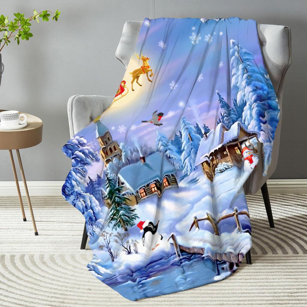 1 stuks Blauwe Kerstdeken Sneeuwhert 3D Print Gladde Flaneldeken voor Thuis Woonkamer Slaapkamer Decor Nieuwjaar Kerstcadeau