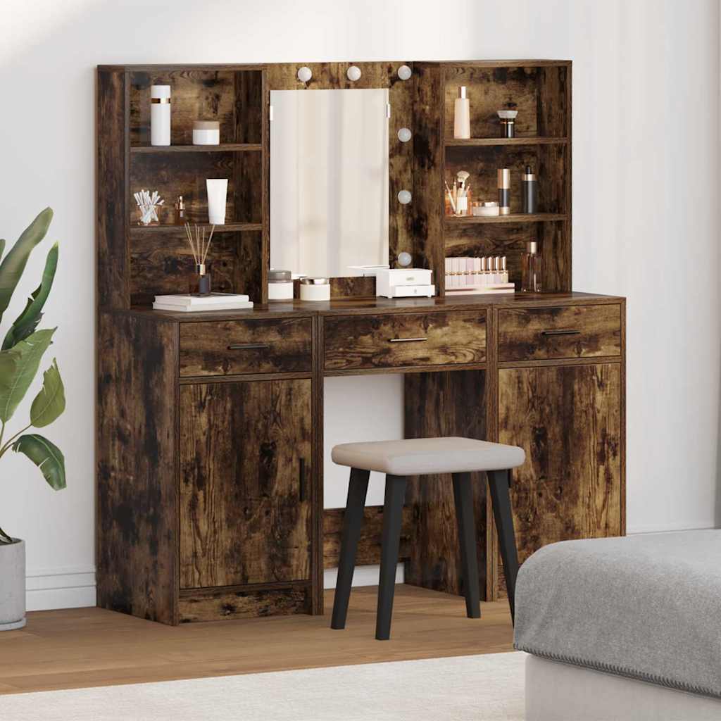 Makeup Table Set with LED 3 pcs Smoked Oak Wood Based Material