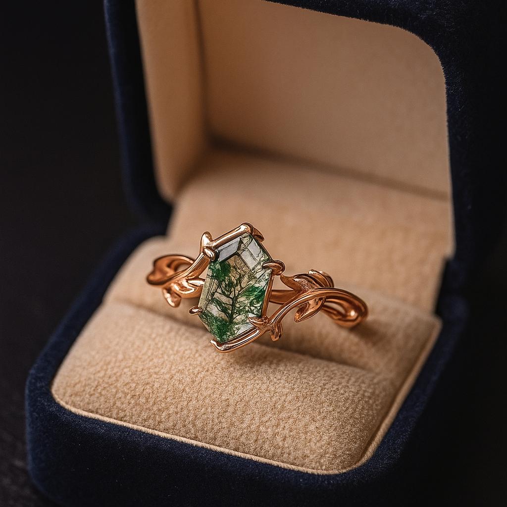 Hexagon Moss Agate Ring, Rose Gold Plated Silver, Leaf Design Nature Inspired Boho Engagement Ring for Women