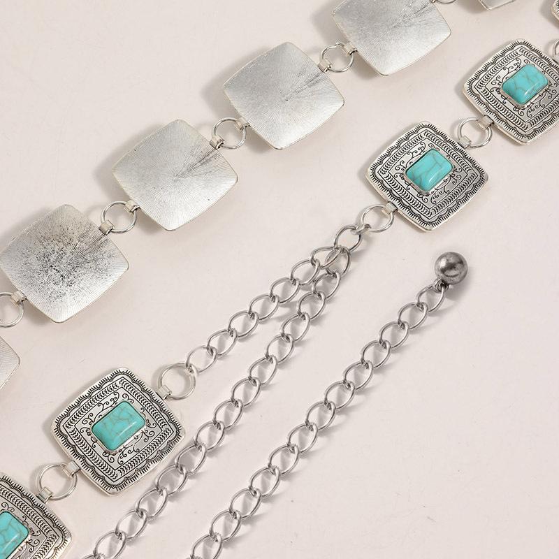 Boho Style Waist Chain Turquoise Metal Pattern Square Waist Chain Beautiful Retro Literary Women's Waist Chain